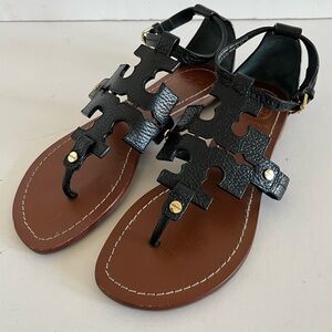 Tory Burch Black Leather Phoebe Thong Flat Sandals Size 6M